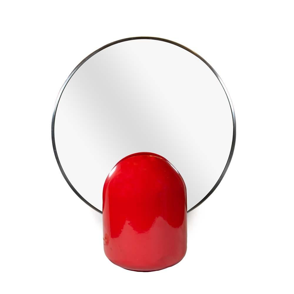 Mid-20th Century 1960s Italian Table Light Red Ceramic Base Circular Mirror Top Design Enzo Bioli