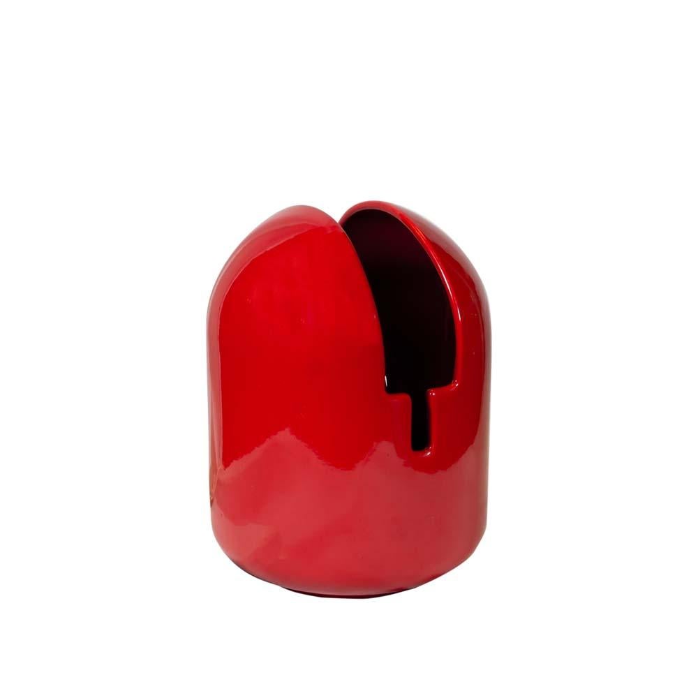 1960s Italian Table Light Red Ceramic Base Circular Mirror Top Design Enzo Bioli 2