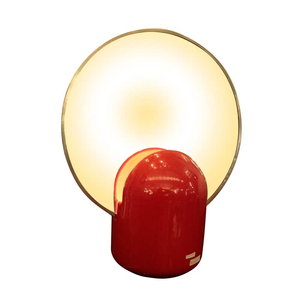 1960s Italian Table Light Red Ceramic Base Circular Mirror Top Design Enzo Bioli 3