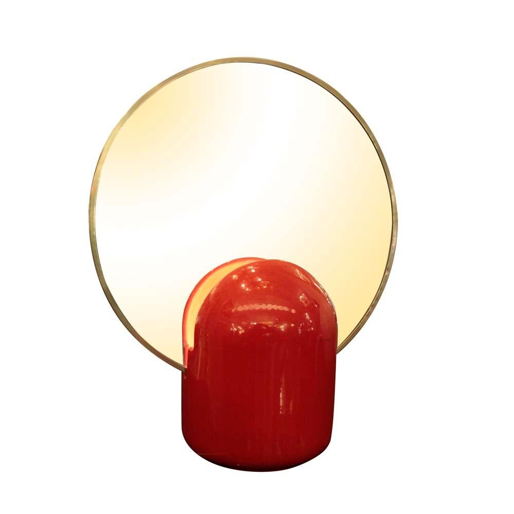 1960s Italian Table Light Red Ceramic Base Circular Mirror Top Design Enzo Bioli 4