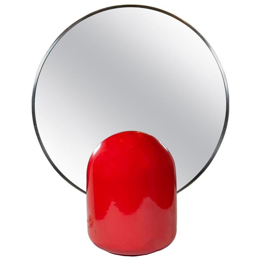 1960s Italian Table Light Red Ceramic Base Circular Mirror Top Design Enzo Bioli