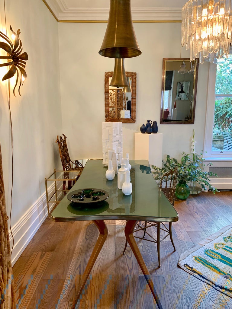 1960s Italian Table with Wood Legs and Green Glass ...