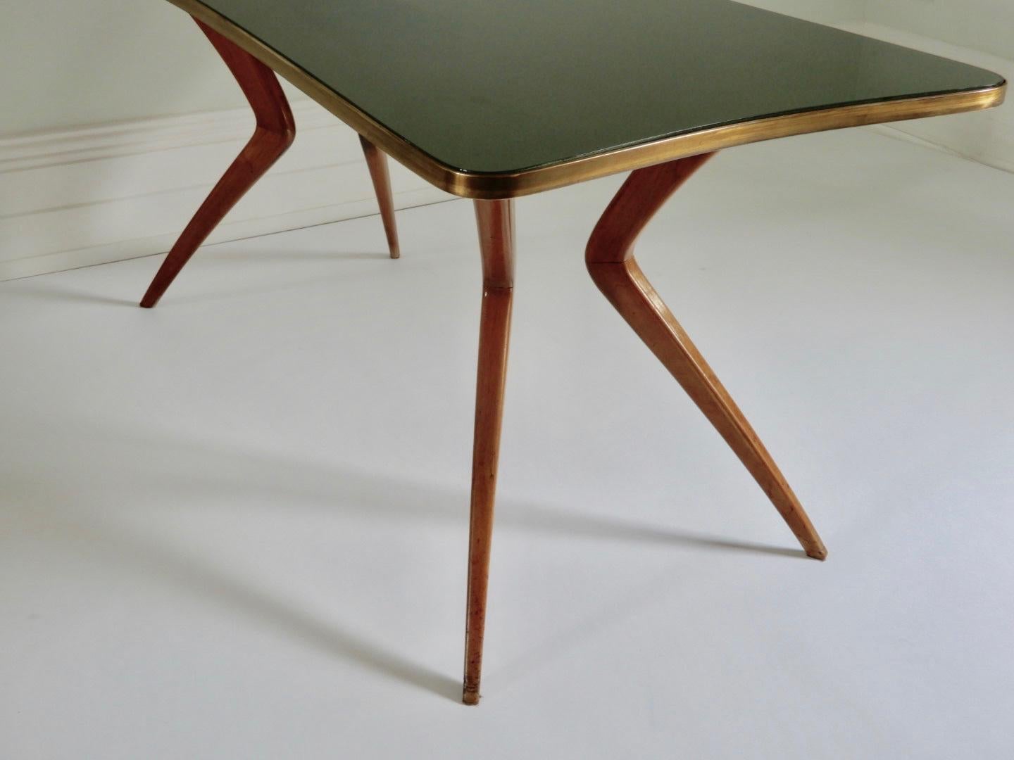 1960s Italian Table with Wood Legs and Green Glass Tabletop In Good Condition In London, GB