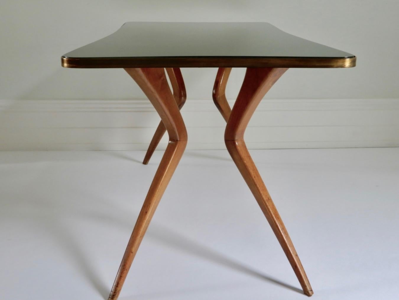 Mid-20th Century 1960s Italian Table with Wood Legs and Green Glass Tabletop