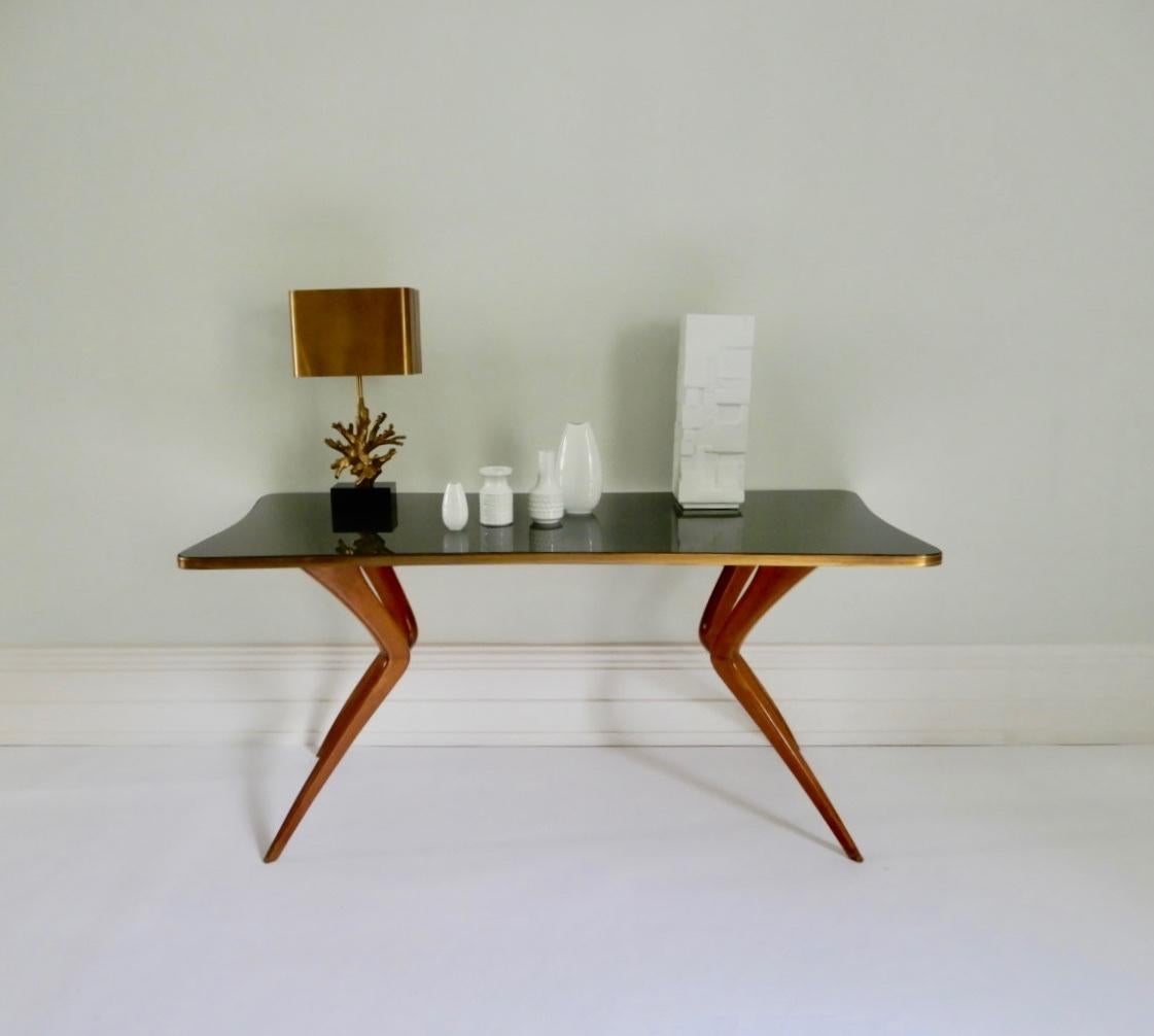 1960s Italian Table with Wood Legs and Green Glass Tabletop 2