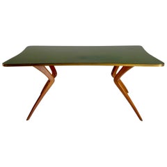 1960s Italian Table with Wood Legs and Green Glass Tabletop