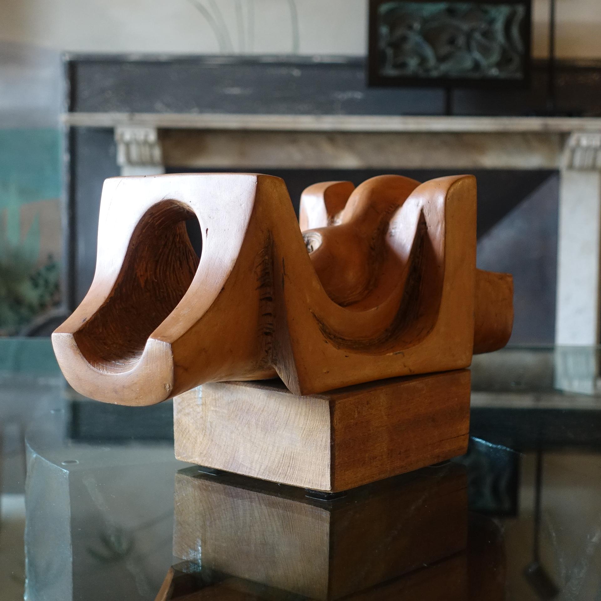 1960s Italian Terracotta Abstract Sculpture, Wood Base, Signed T. Assi In Good Condition In Firenze, IT