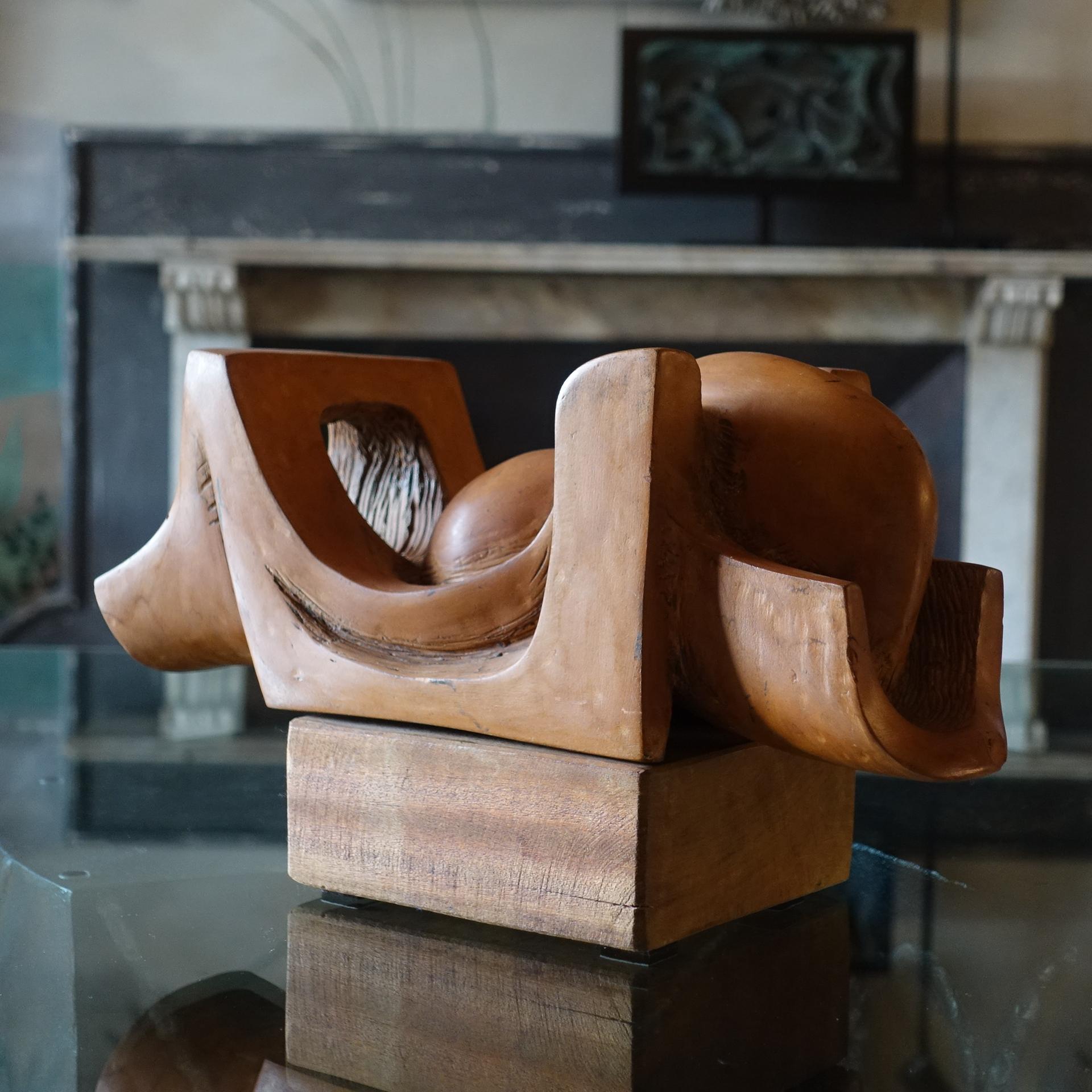 Mid-20th Century 1960s Italian Terracotta Abstract Sculpture, Wood Base, Signed T. Assi