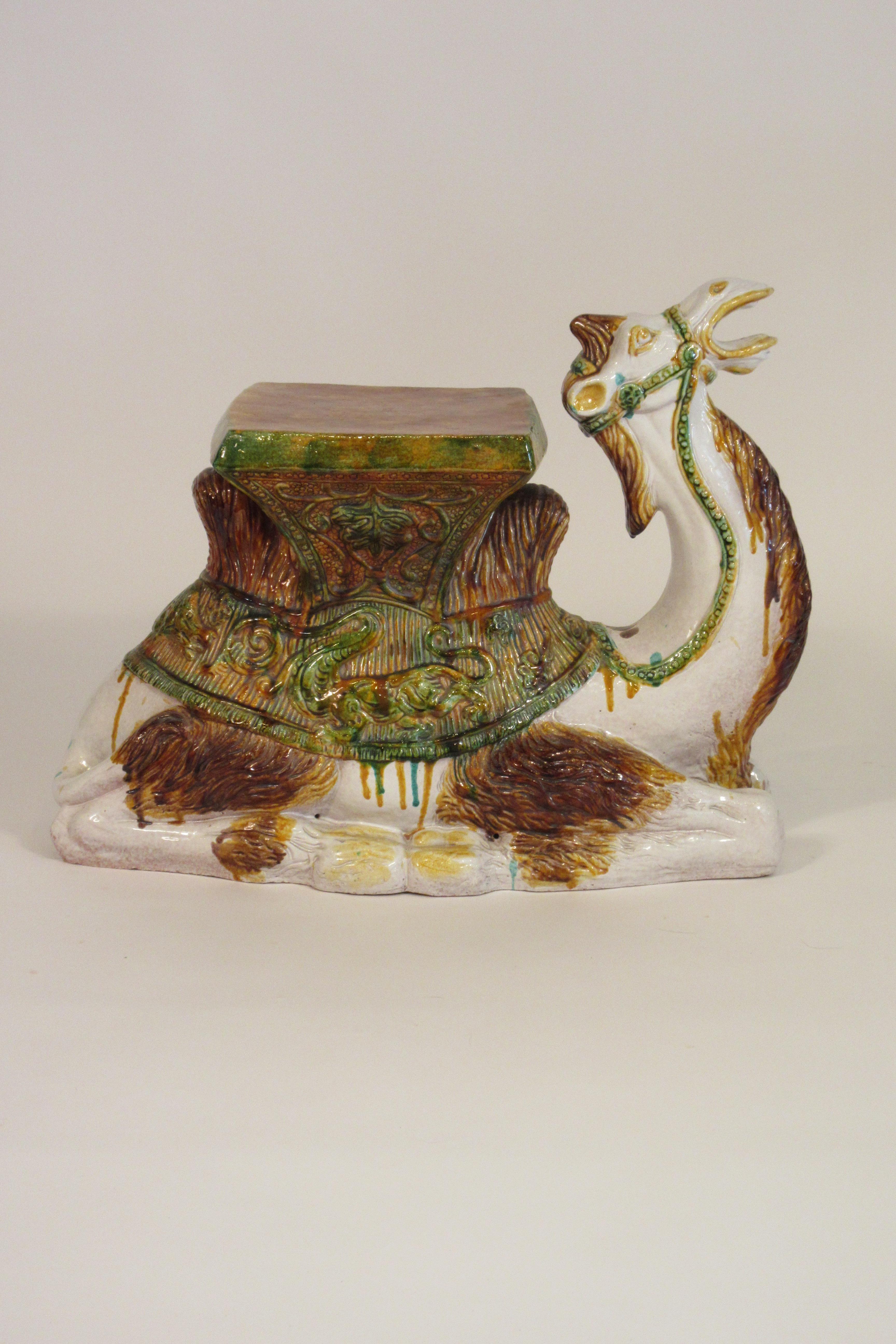 1960s hand-painted terracotta camel garden seat marked Italy.