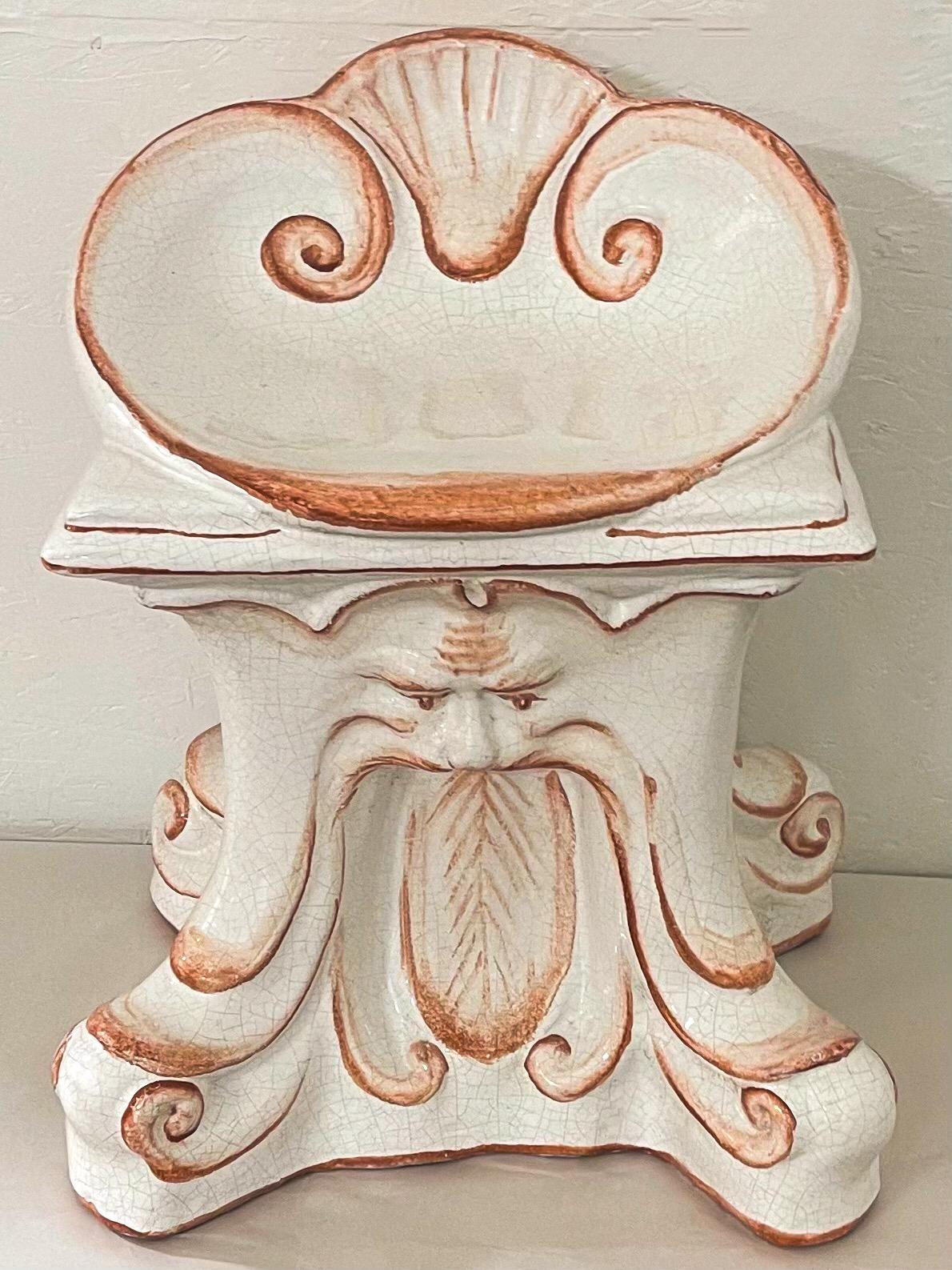 Hollywood Regency 1960s Italian Terracotta North Wind and Shell Motif Garden Seat / Chair / Stool