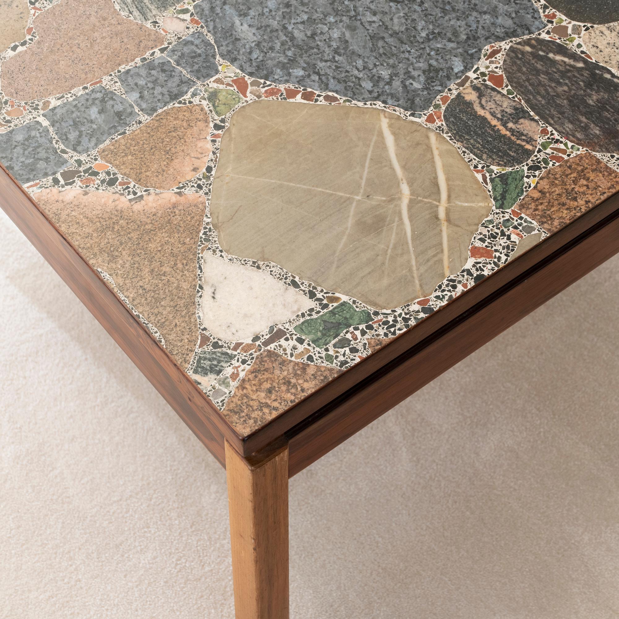 Coffee table with beautiful multi-color terrazzo marble top, frame in palisander and legs in walnut wood, vintage patina and perfect condition, Italy, circa 1960s.