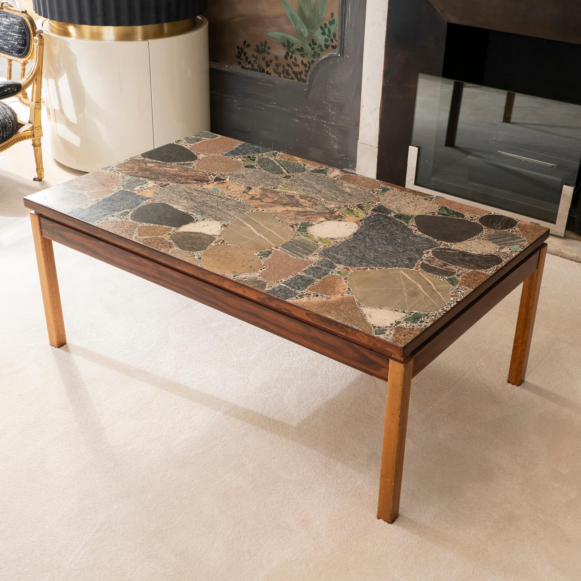 Mid-Century Modern 1960s Italian Terrazzo Coffee Table Top and Palisander and Walnut Base