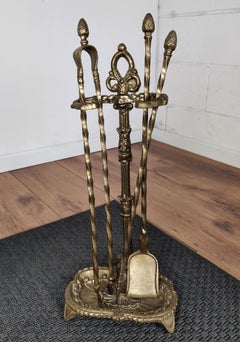 1960s Italian Three-Piece Brass Acorn Ornated Vintage Fire Tool Set with Stand