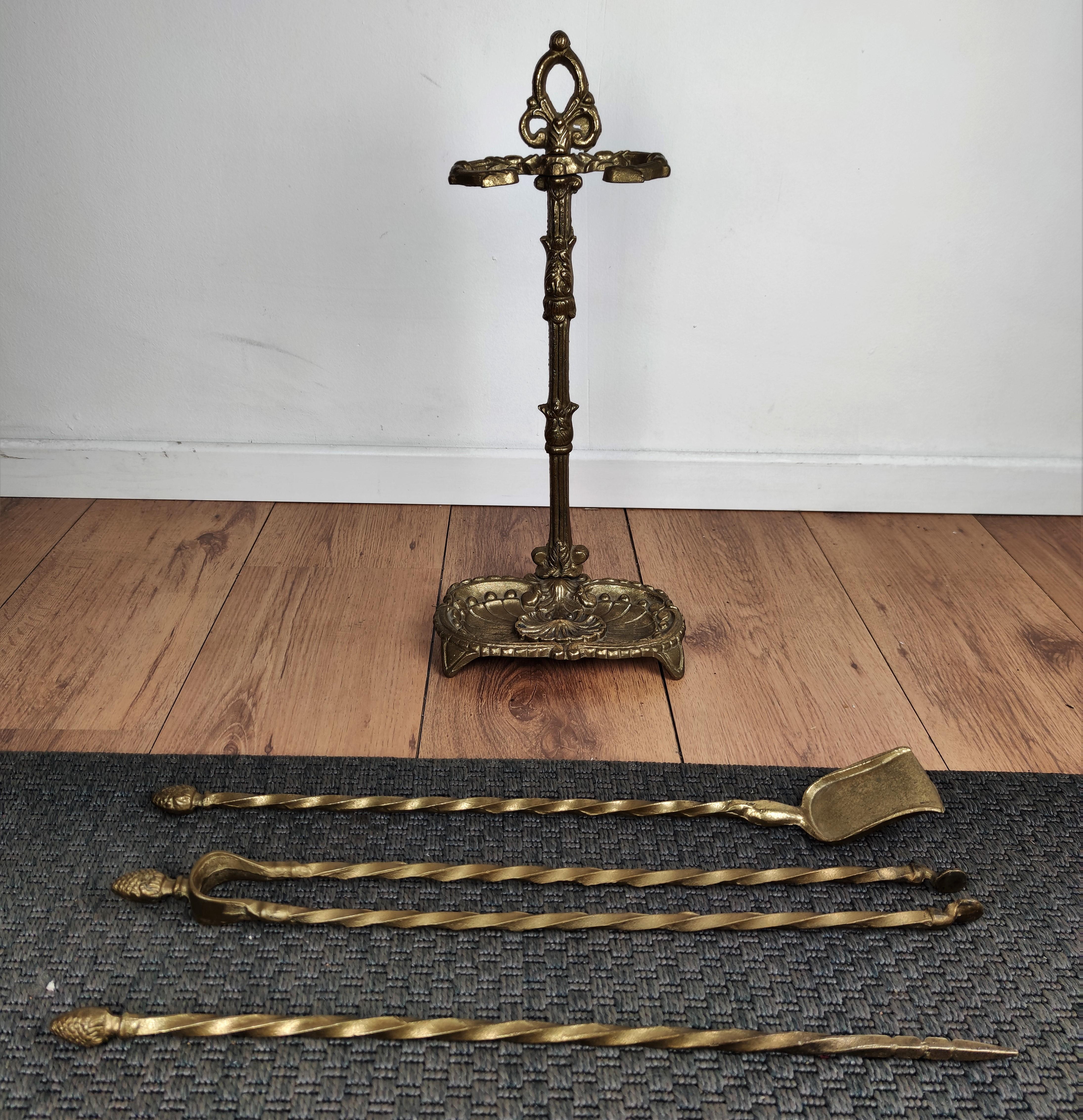 1960s Italian Three-Piece Brass Acorn Ornated Vintage Fire Tool Set with Stand 2