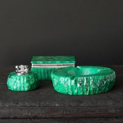 1960s Italian Three Piece Green Genuine Hand Carved Alabaster Smoking Set Unused