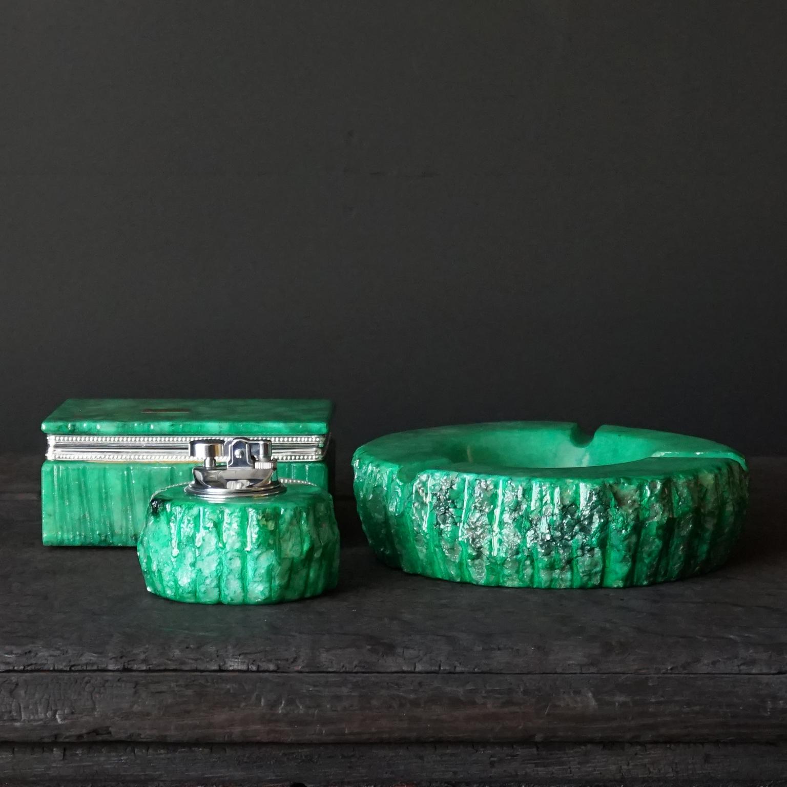Mid-Century Modern 1960s Italian Three Piece Green Genuine Hand Carved Alabaster Smoking Set Unused