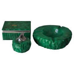1960s Italian Three Piece Green Genuine Hand Carved Alabaster Smoking Set Unused