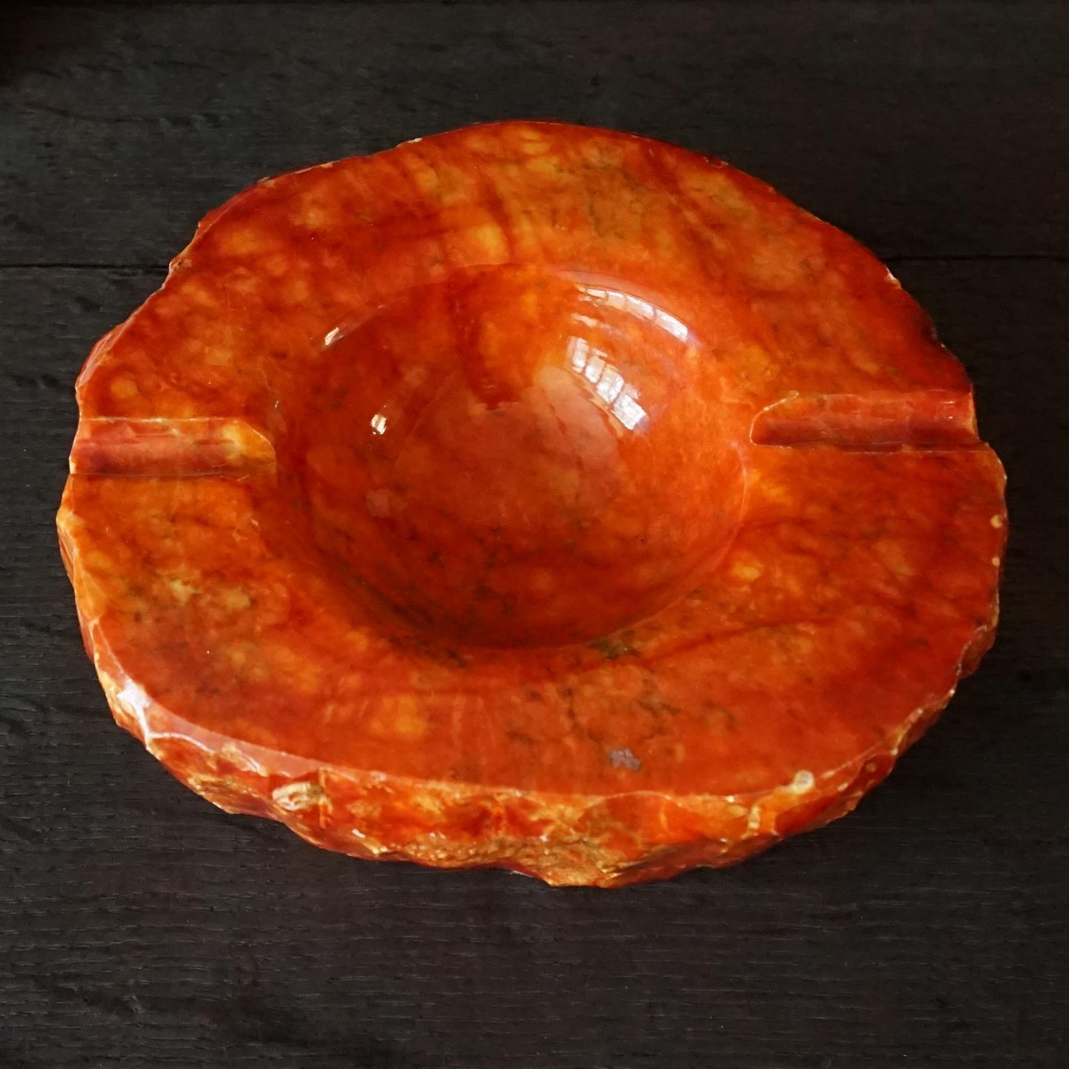 1960s Italian Three Piece Orange Genuine Hand Carved Alabaster Smoking Set For Sale 1
