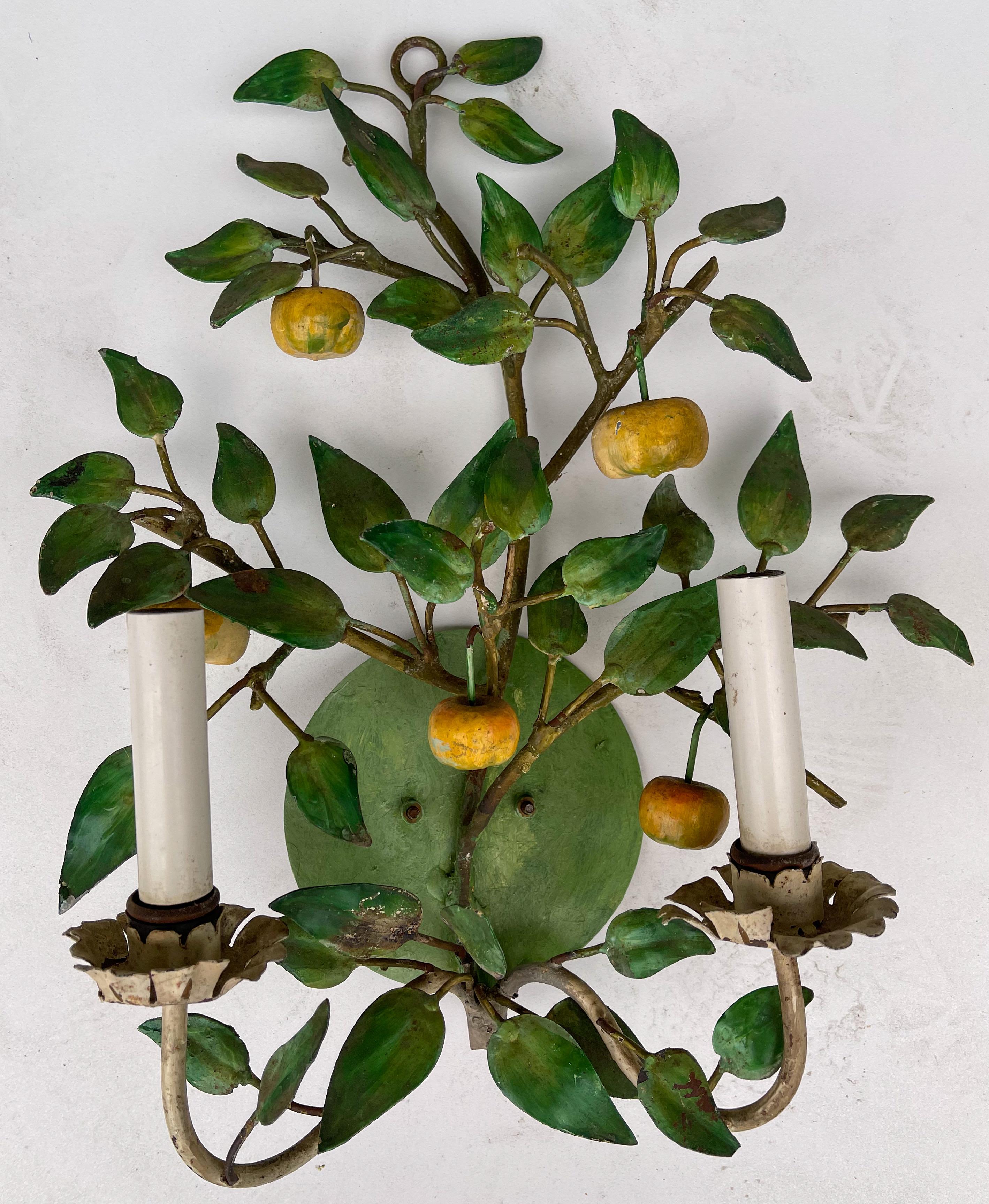 Hollywood Regency 1960s Italian Toleware Yellow and Green Fruit Sconces, a Pair