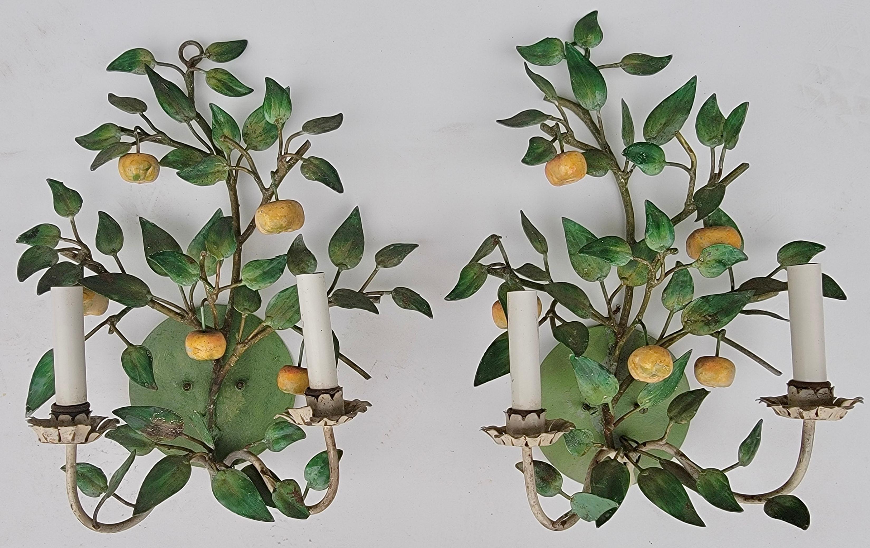 1960s Italian Toleware Yellow and Green Fruit Sconces, a Pair In Good Condition In Kennesaw, GA