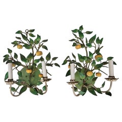 1960s Italian Toleware Yellow and Green Fruit Sconces, a Pair