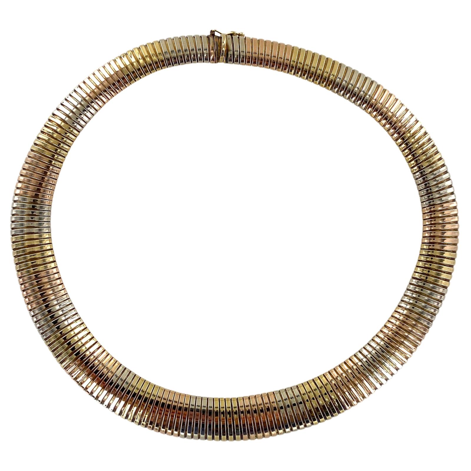 1960s Italian Tri-Color Gold Tapered Tubegas Choker Vintage Necklace