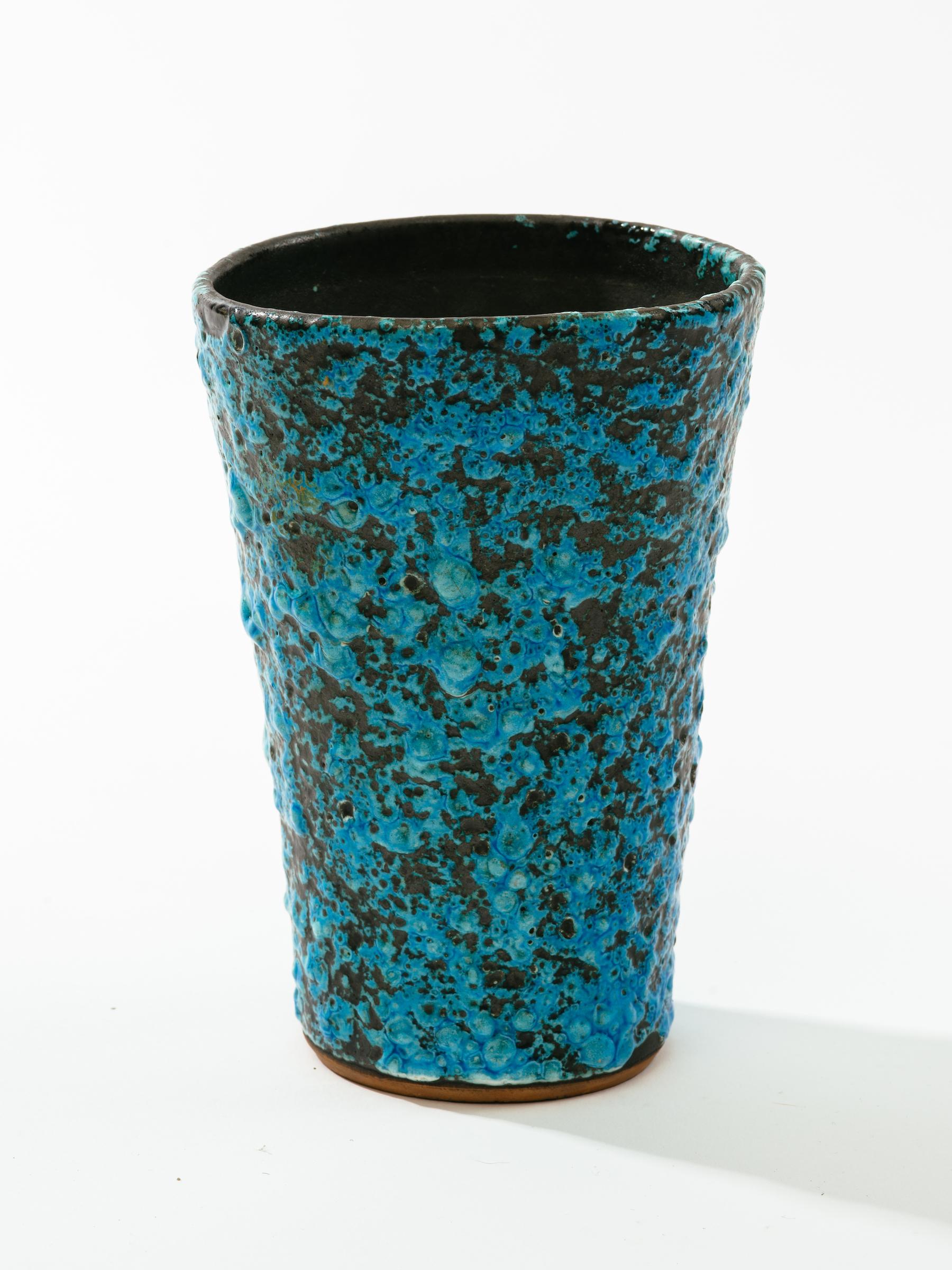 Rich turquoise hand thrown pottery vase with textural volcanic glaze. Italy, circa 1960s.