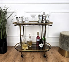 1960s Italian Two-Tier Brass and Glass Bar Cart with Dark Glass Top