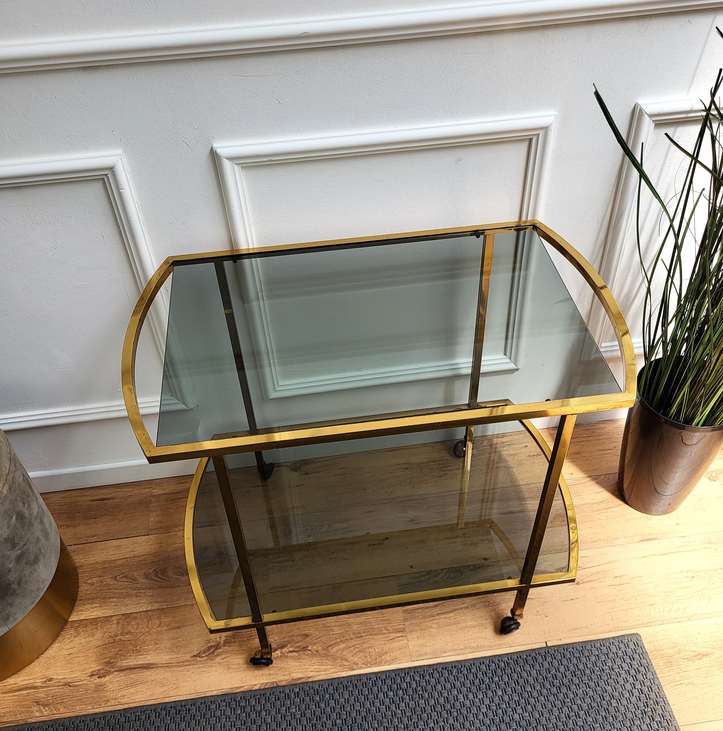 Hollywood Regency 1960s Italian Two-Tier Brass and Glass Bar Cart with Dark Glass Top For Sale
