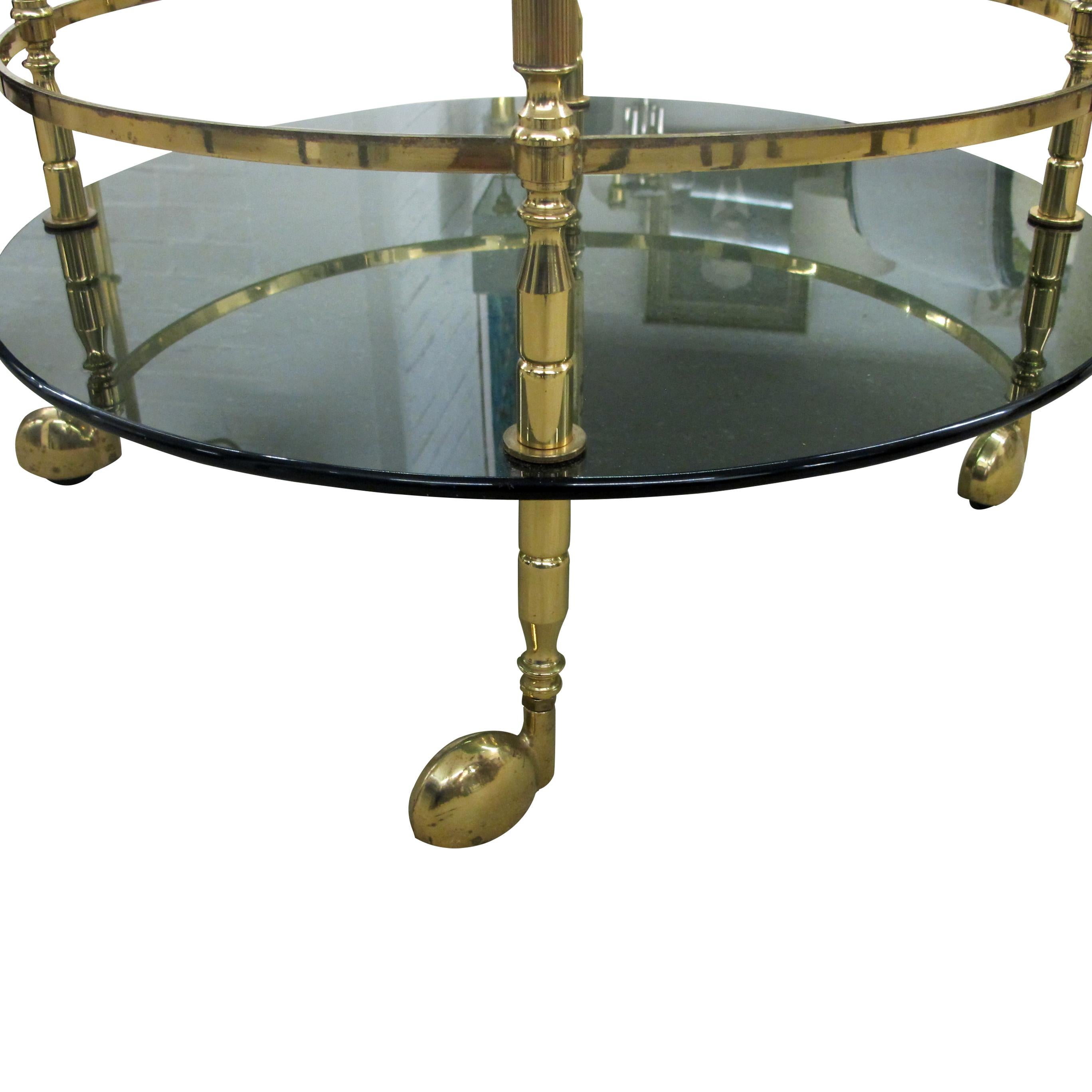 1960s Italian Two Tiers Brass and Smoked Glass Bar Cart In Good Condition For Sale In London, GB