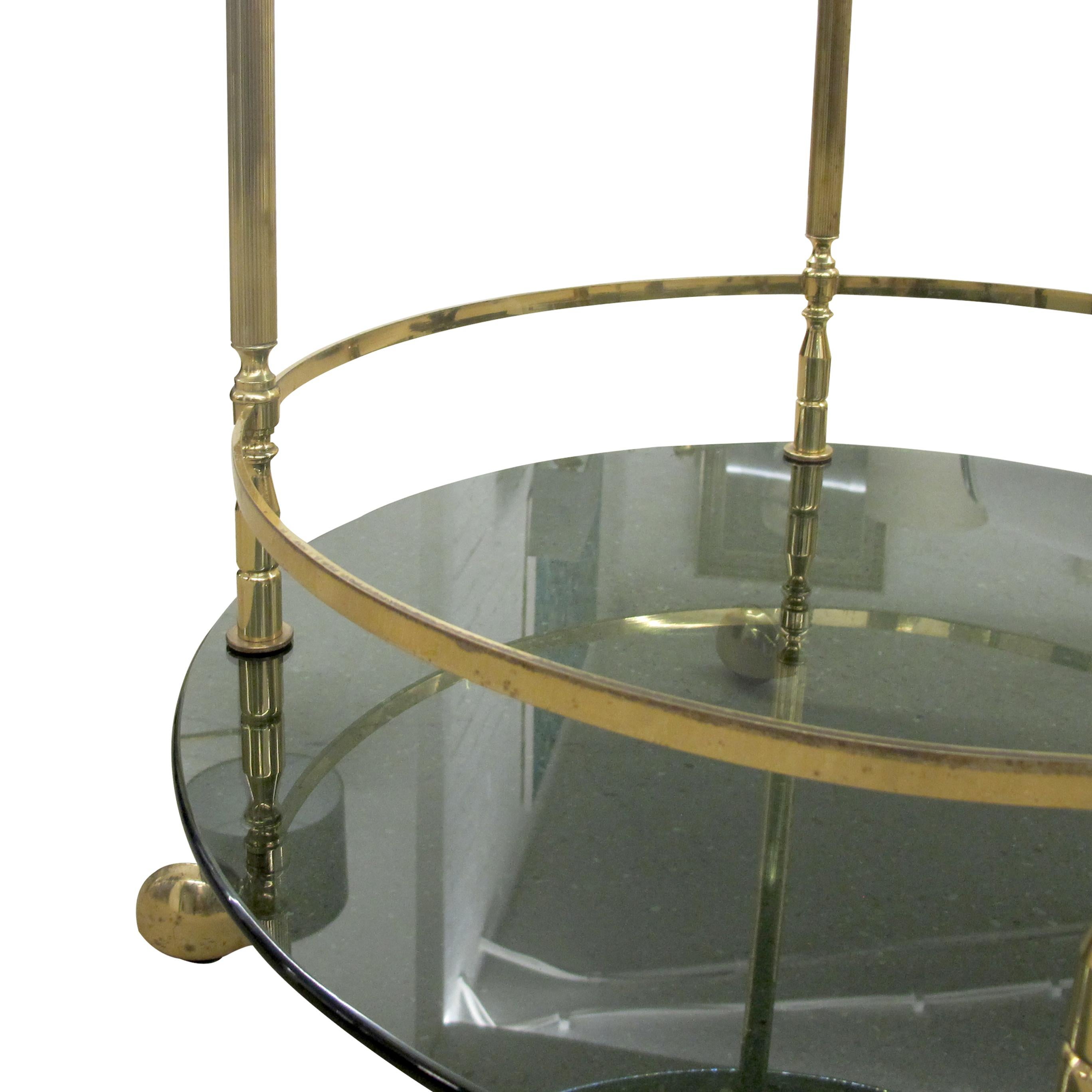 Mid-20th Century 1960s Italian Two Tiers Brass and Smoked Glass Bar Cart For Sale