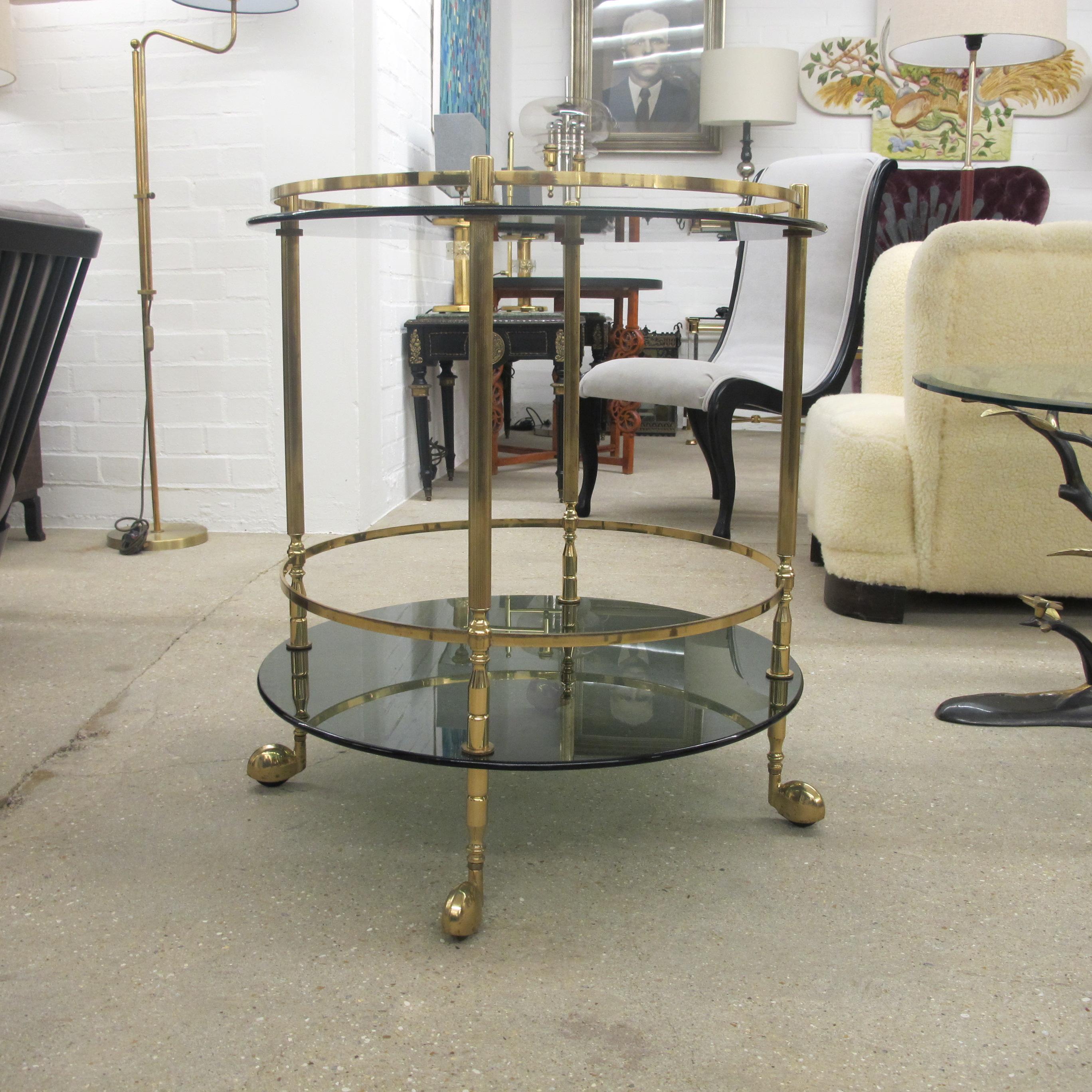 1960s Italian Two Tiers Brass and Smoked Glass Bar Cart For Sale 2