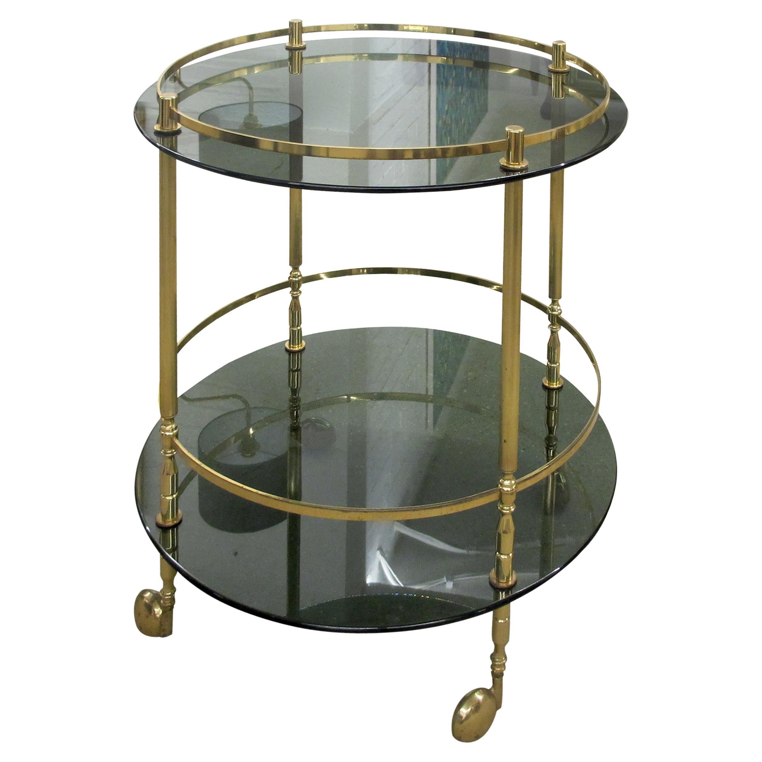 1960s Italian Two Tiers Brass and Smoked Glass Bar Cart For Sale