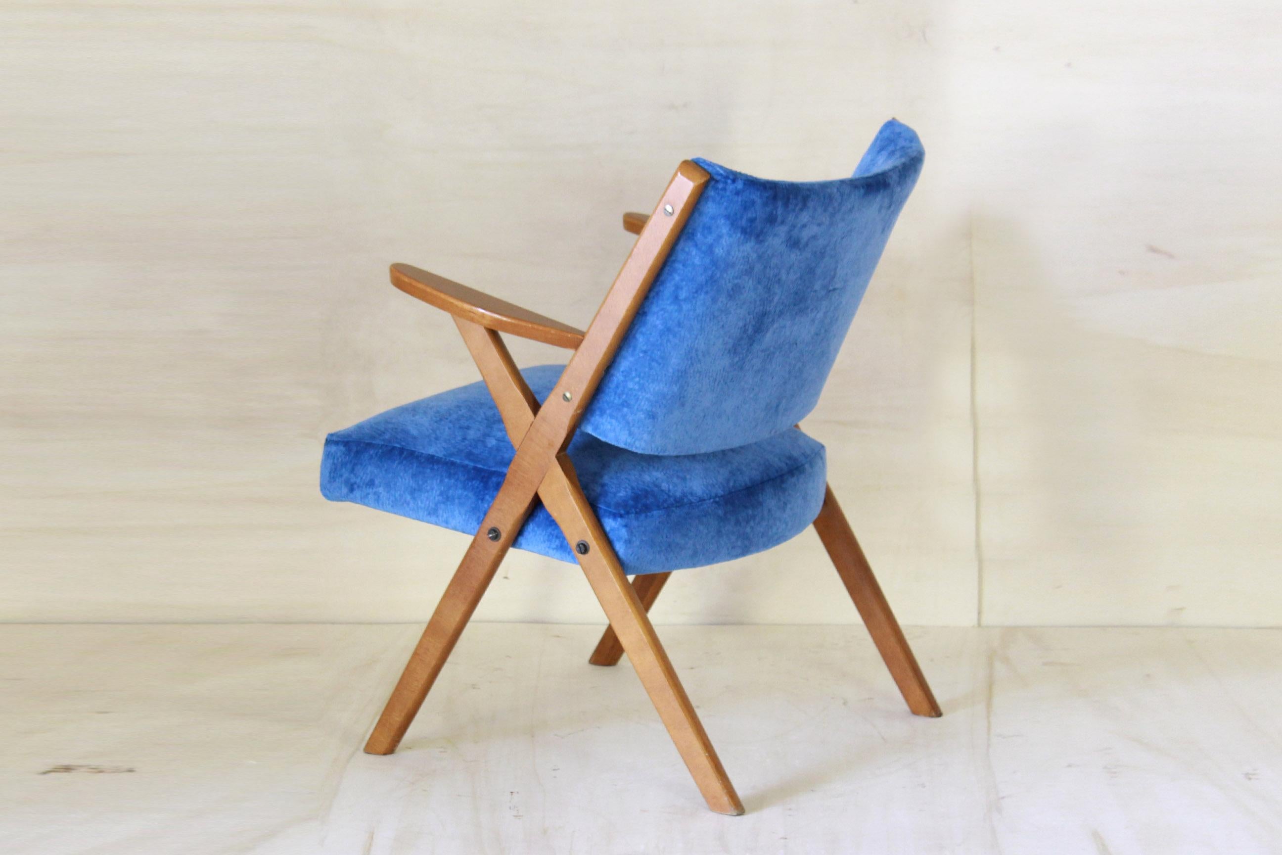 Mid-Century Modern Vintage Velvet Blue Armchair, Dal Vera, Italy 1960s