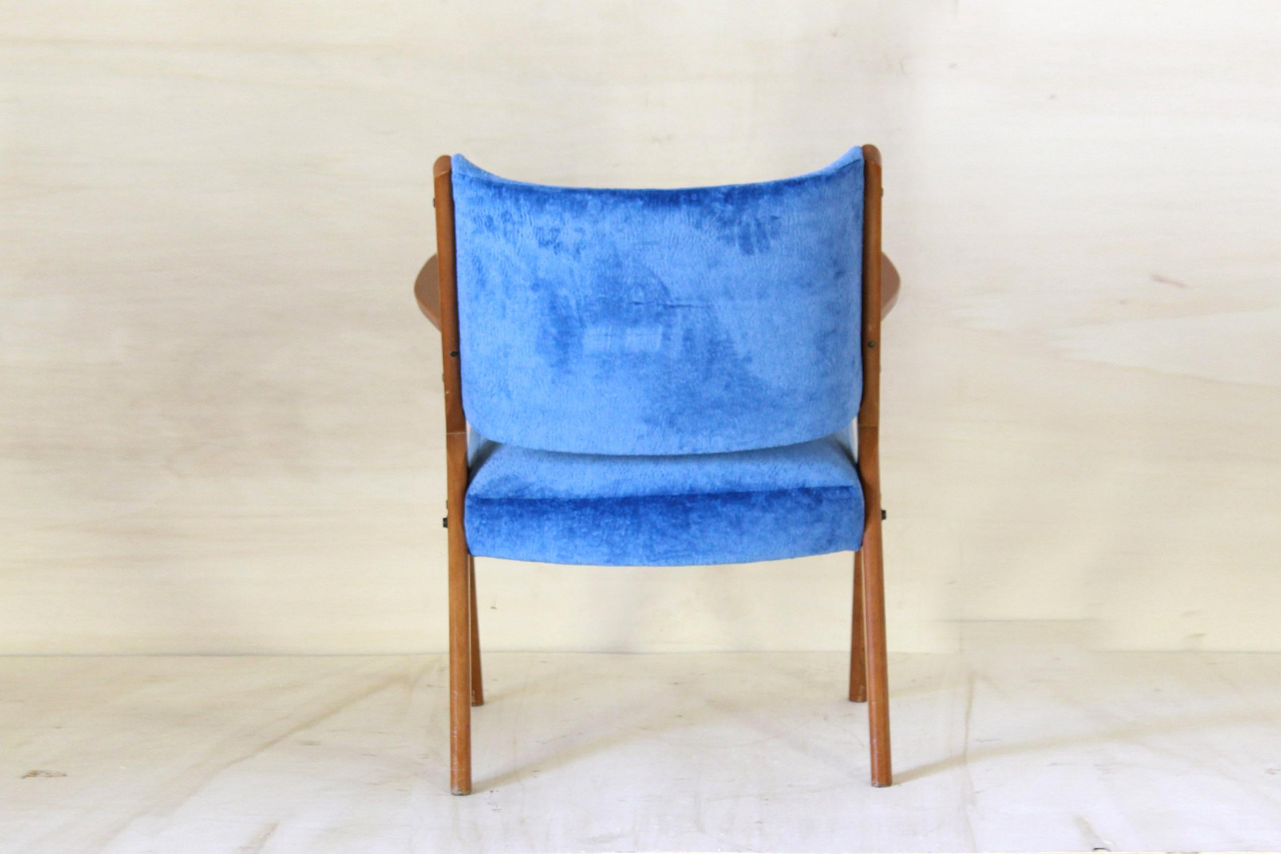 Italian Vintage Velvet Blue Armchair, Dal Vera, Italy 1960s