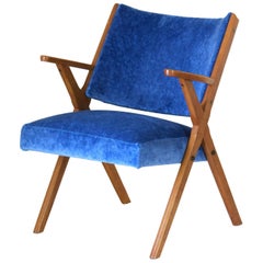 Fauteuil bleu vintage en velours, Dal Vera, Italie, annes 1960