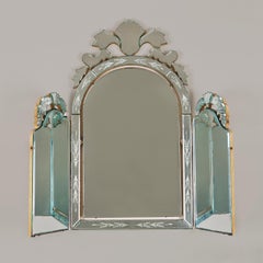 1960's Italian Venetian etched triptych table mirror