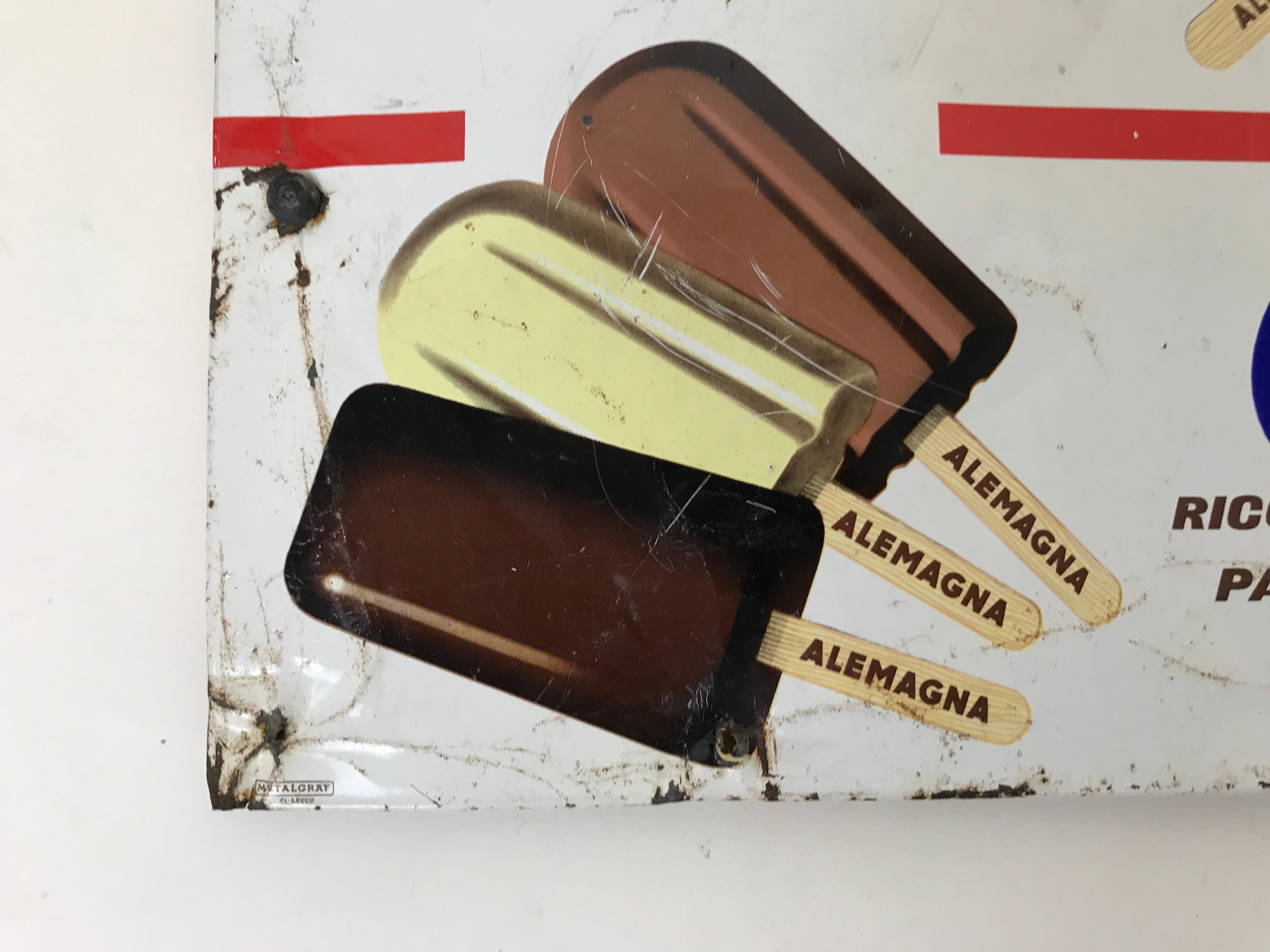 Mid-20th Century 1960s Italian Vintage Advertising Metal Screen Printed Alemagna Ice Creams Sign For Sale