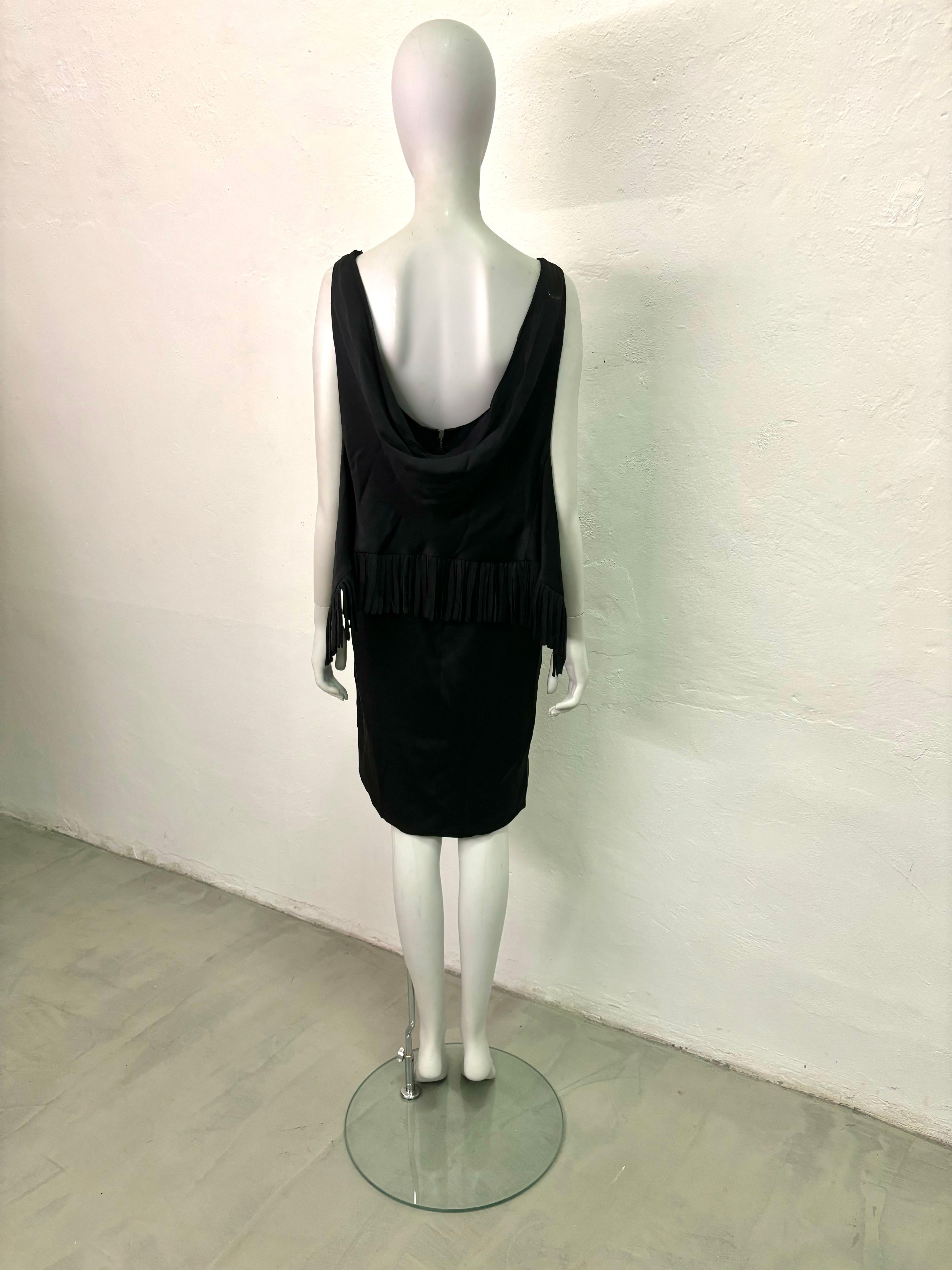 Black 1960's Italian vintage little back fringe dress For Sale