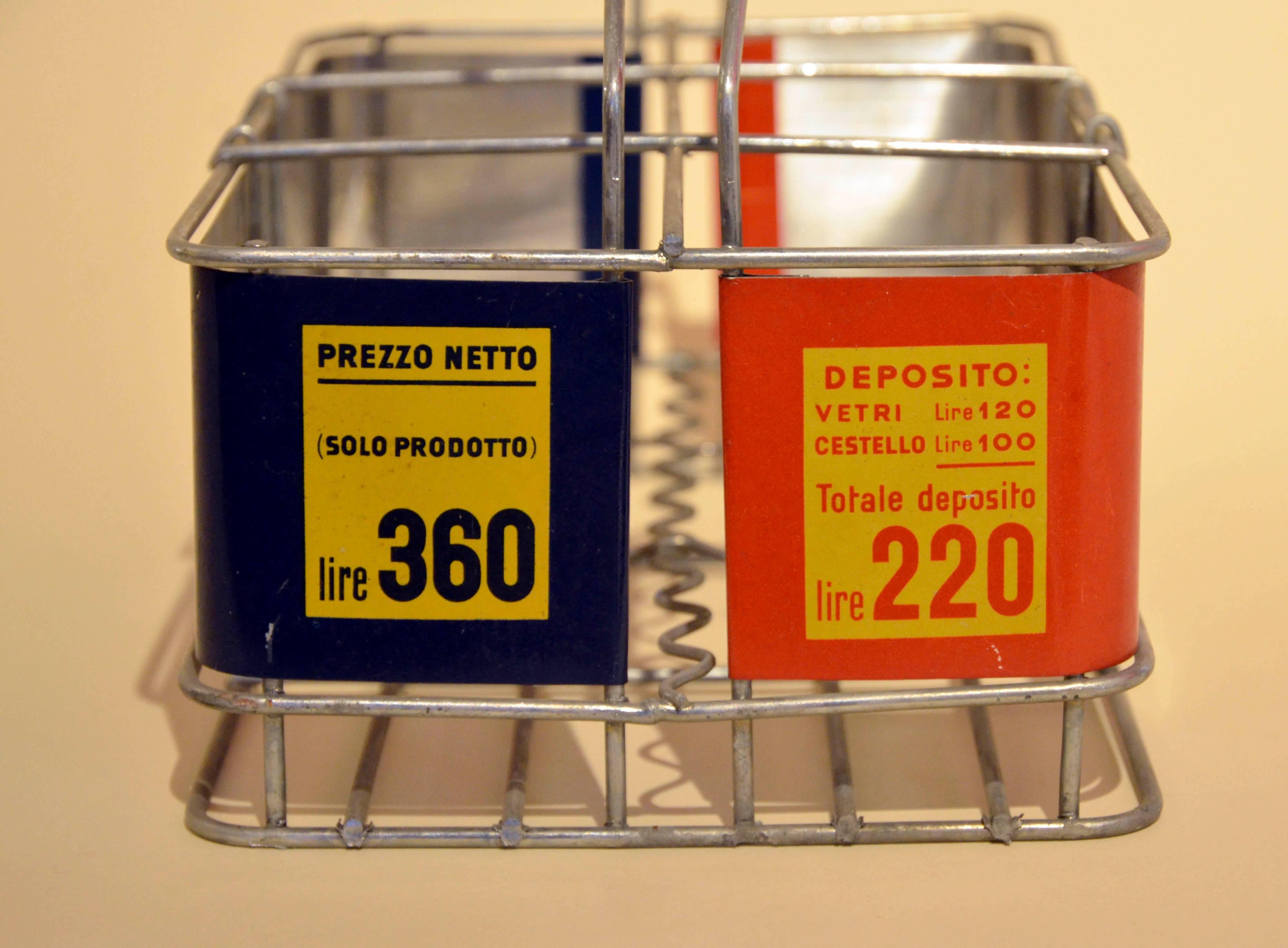 Mid-20th Century 1960s Italian Vintage Metal Aranciata San Pellegrino Soda Bottle Basket For Sale