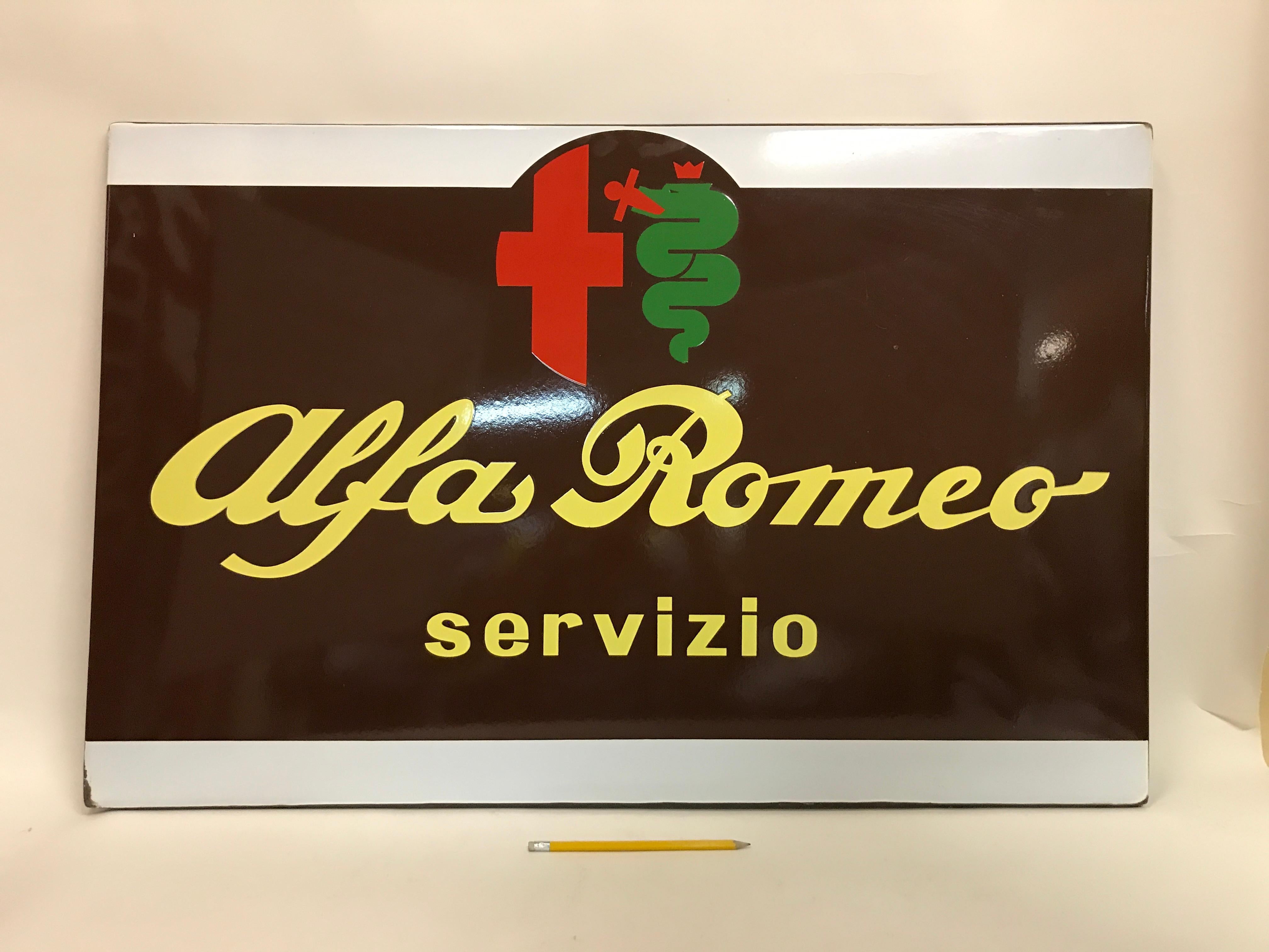 Vintage rectangular metal enamel Alfa Romeo Servizio sign produced in Italy in the early 1960s.

Yellow, red and green Alfa Romeo Logo and world 