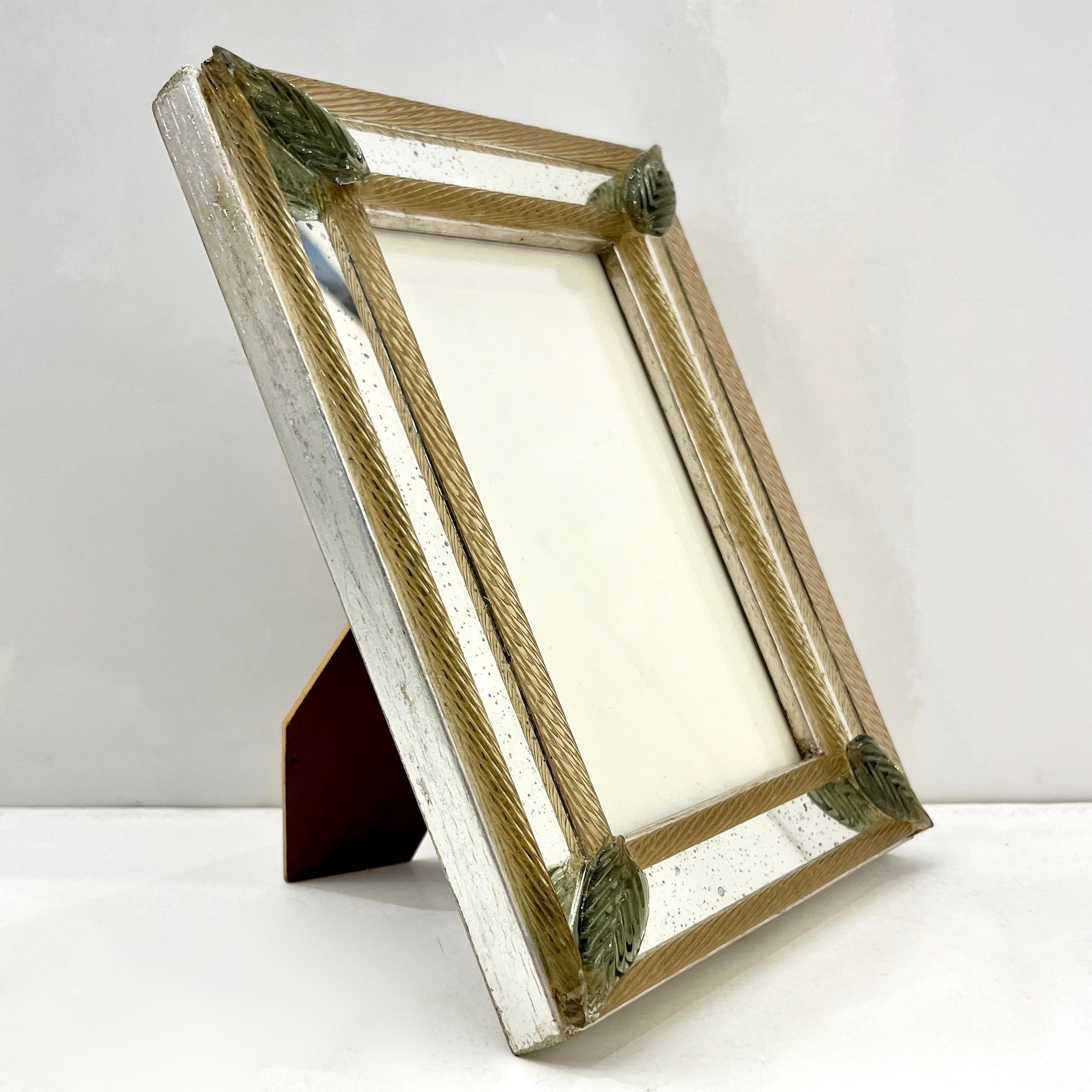 1960s Italian Vintage Mirror Photo Frame Green Leaves & Gold Murano Glass Decor 4