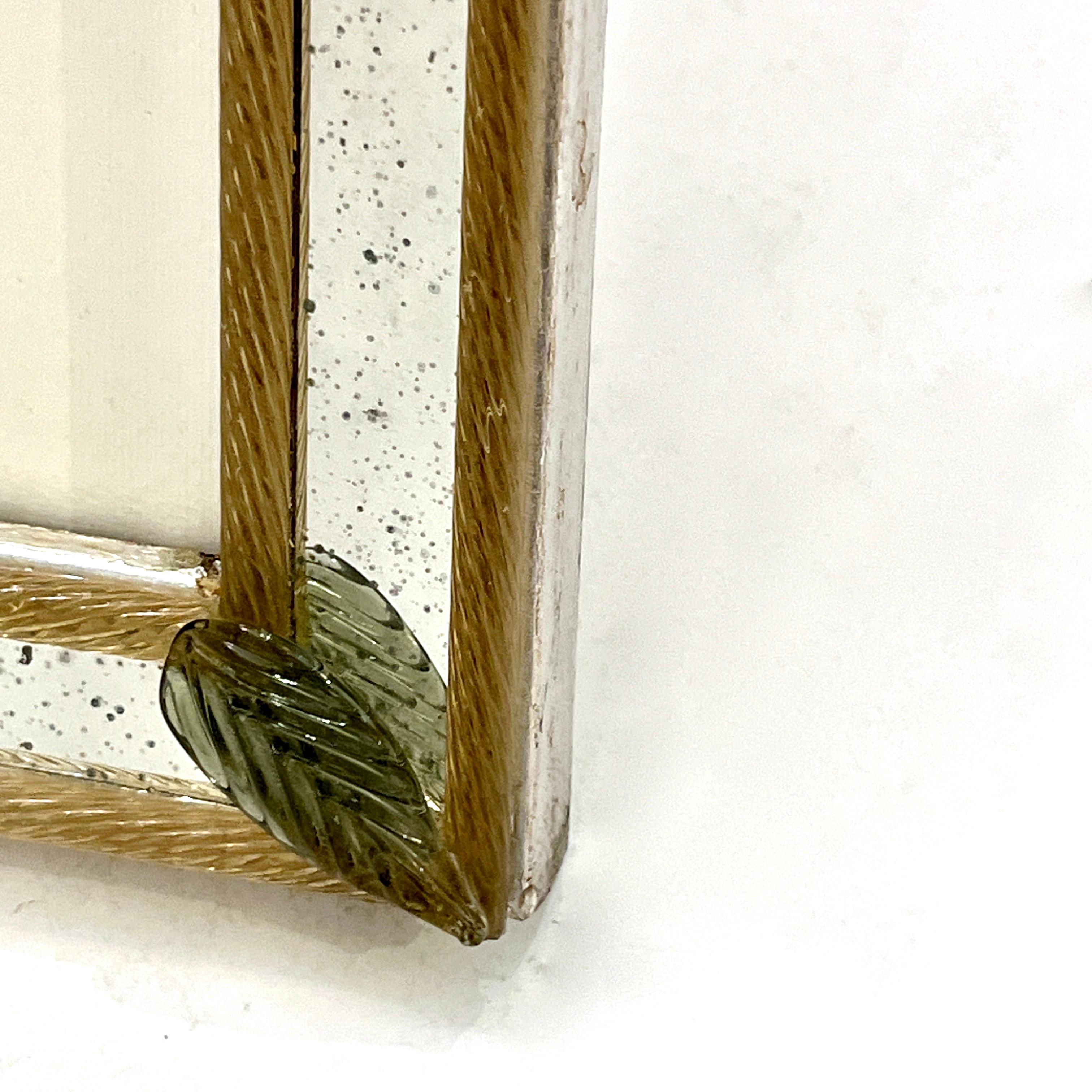 1960s Italian Vintage Mirror Photo Frame Green Leaves & Gold Murano Glass Decor 8