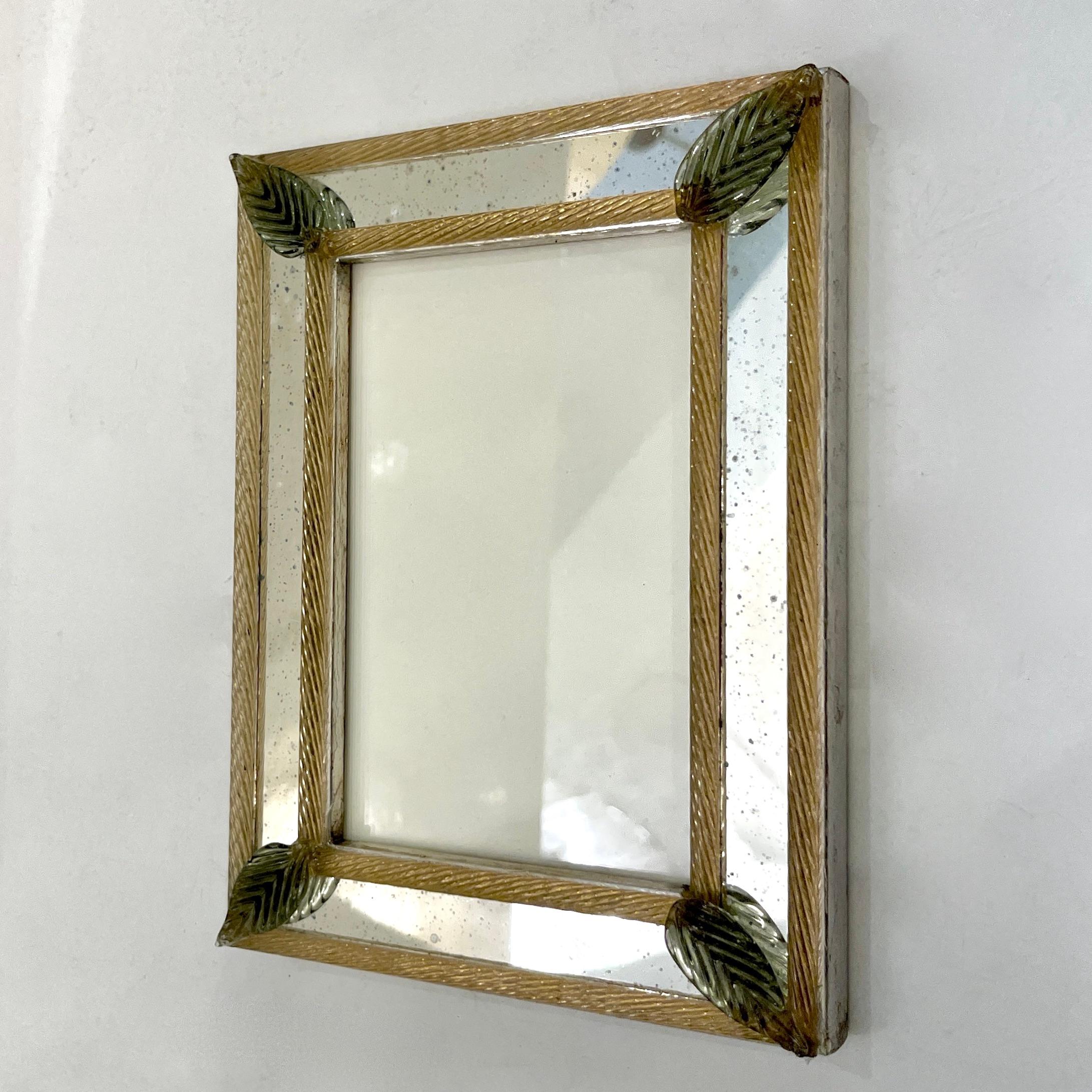 1960s Italian Vintage Mirror Photo Frame Green Leaves & Gold Murano Glass Decor 9