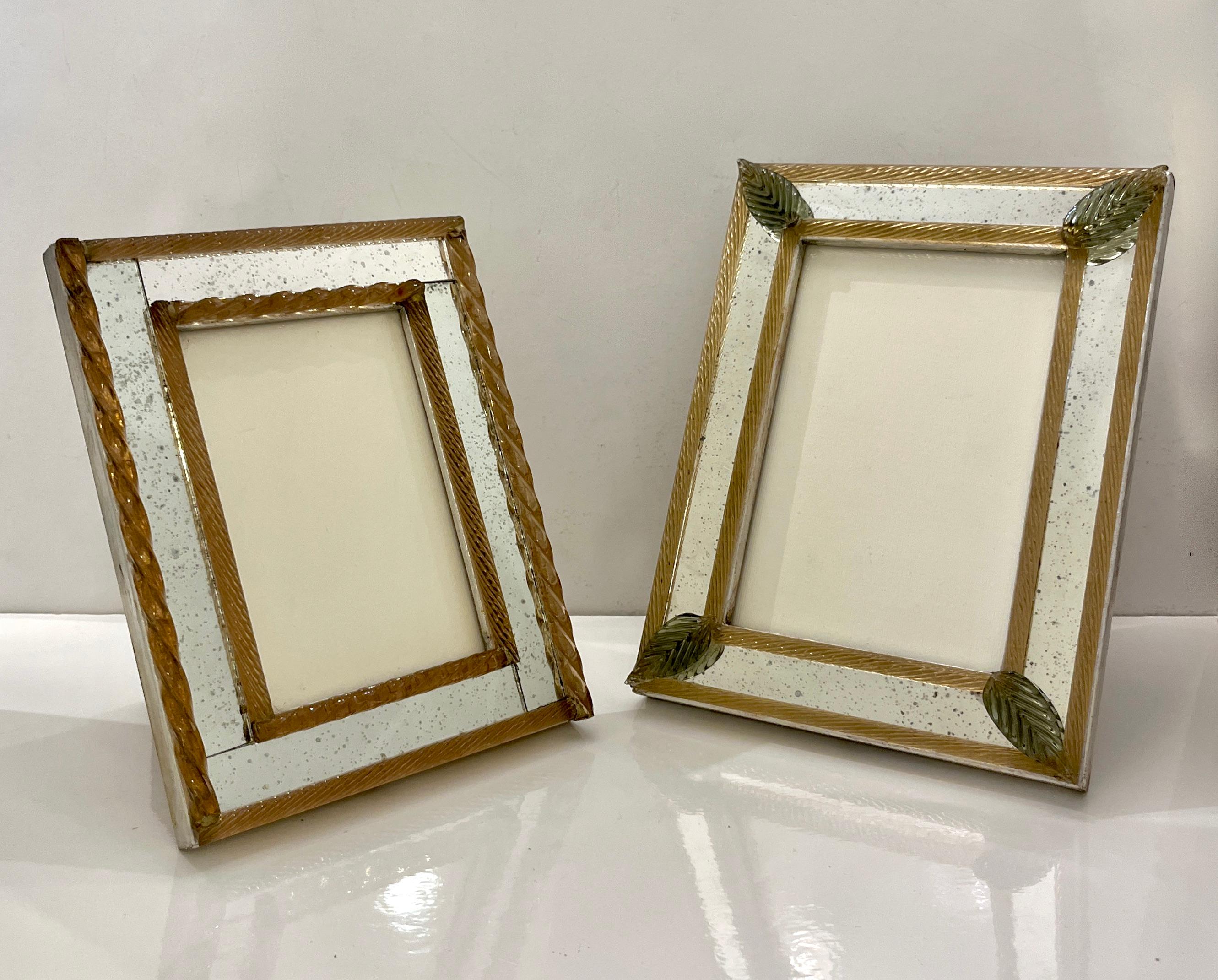 1960s Italian Vintage Mirror Photo Frame Green Leaves & Gold Murano Glass Decor 10