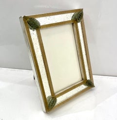 1960s Italian Vintage Mirror Photo Frame Green Leaves & Gold Murano Glass Decor