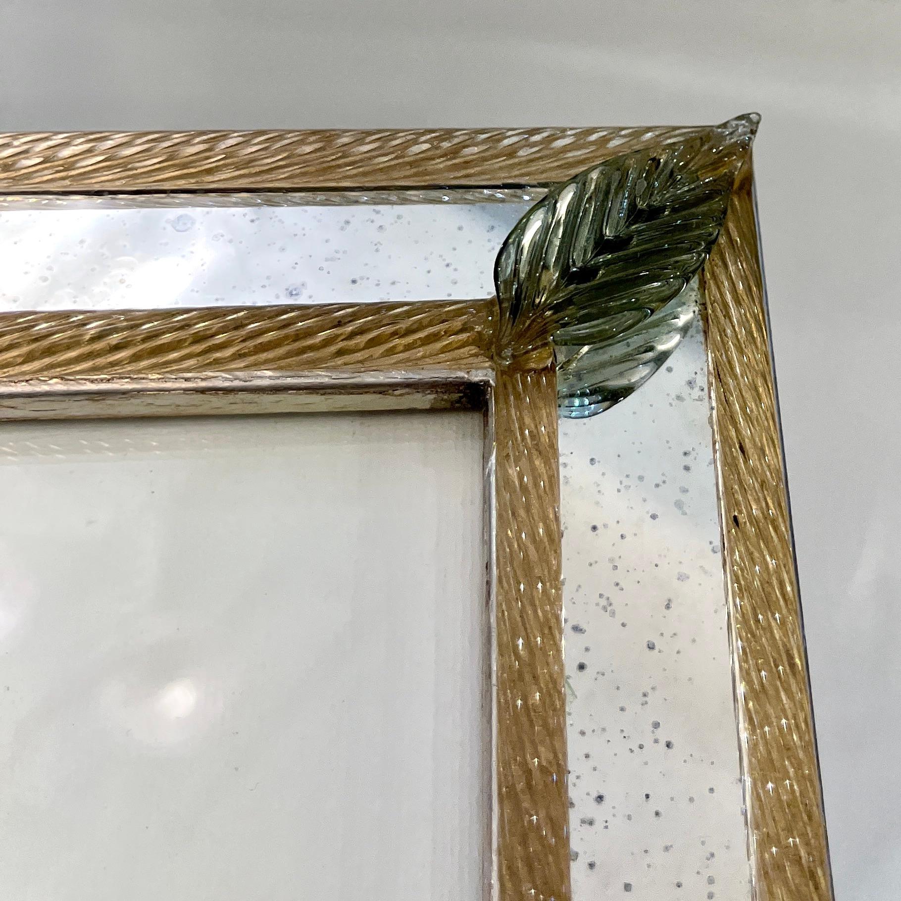 Hand-Crafted 1960s Italian Vintage Mirror Photo Frame Green Leaves & Gold Murano Glass Decor