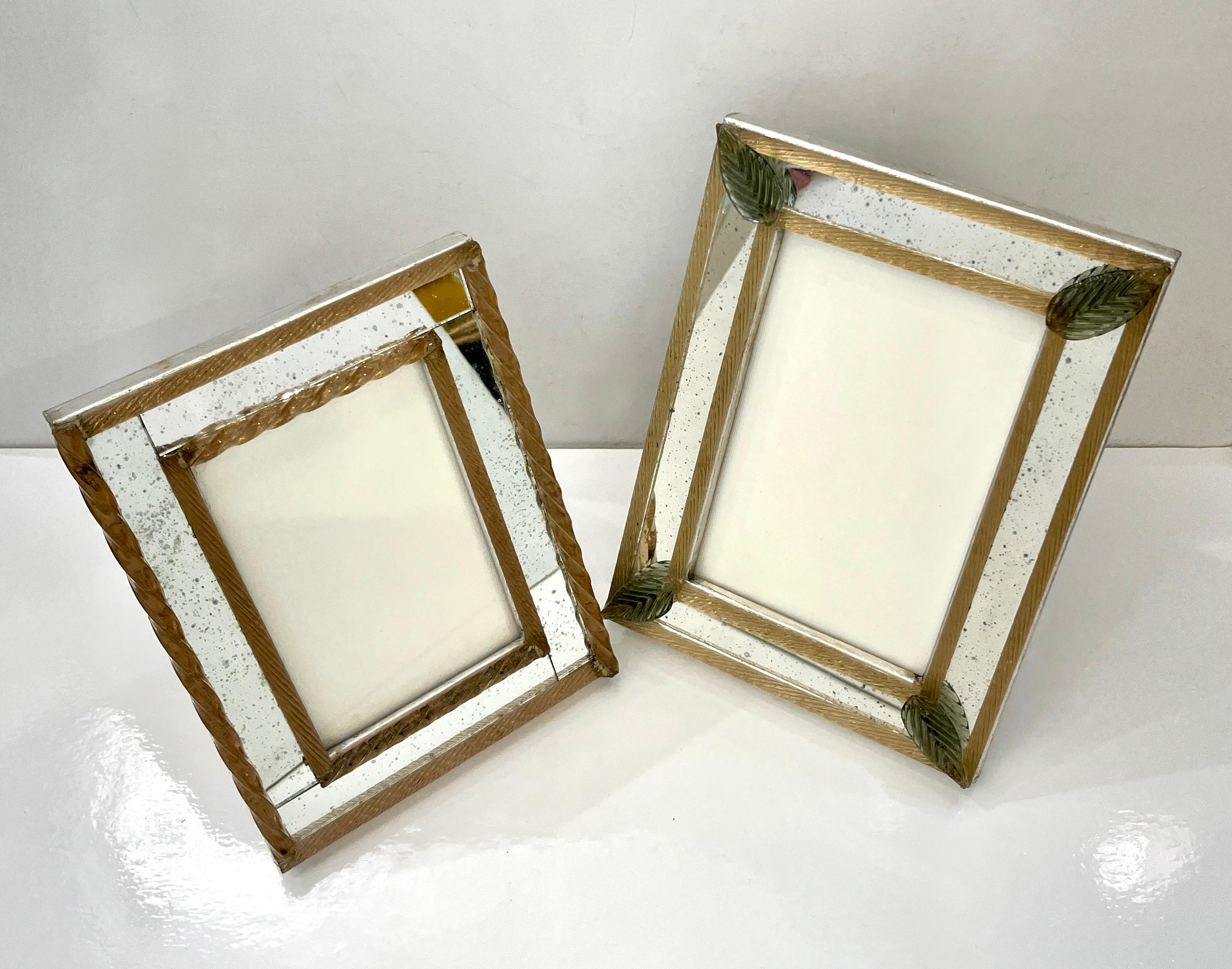 1960s Italian Vintage Mirror Photo Frame Green Leaves & Gold Murano Glass Decor 2
