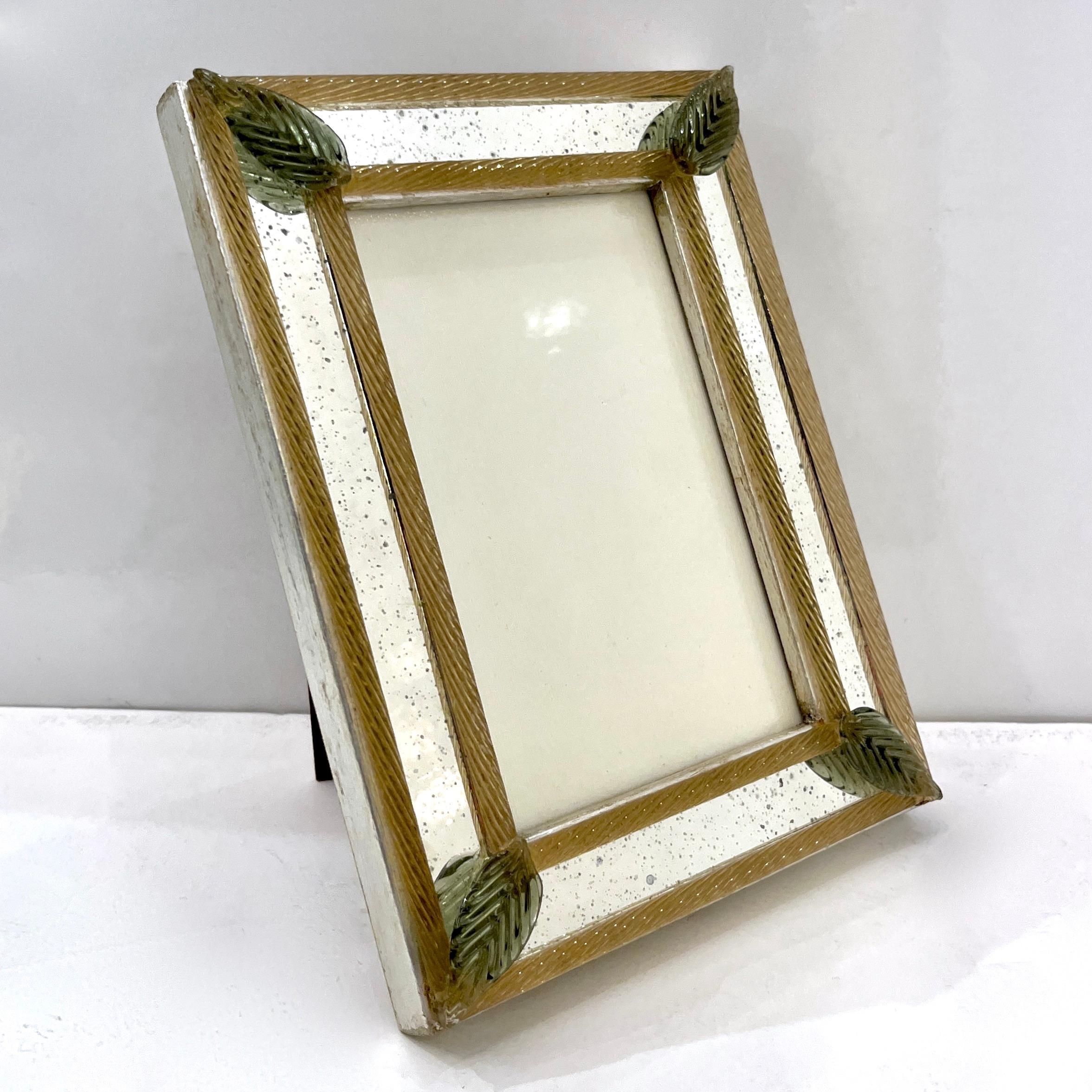 1960s Italian Vintage Mirror Photo Frame Green Leaves & Gold Murano Glass Decor 3