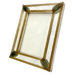 1960s Italian Vintage Mirror Photo Frame Green Leaves & Gold Murano Glass Decor